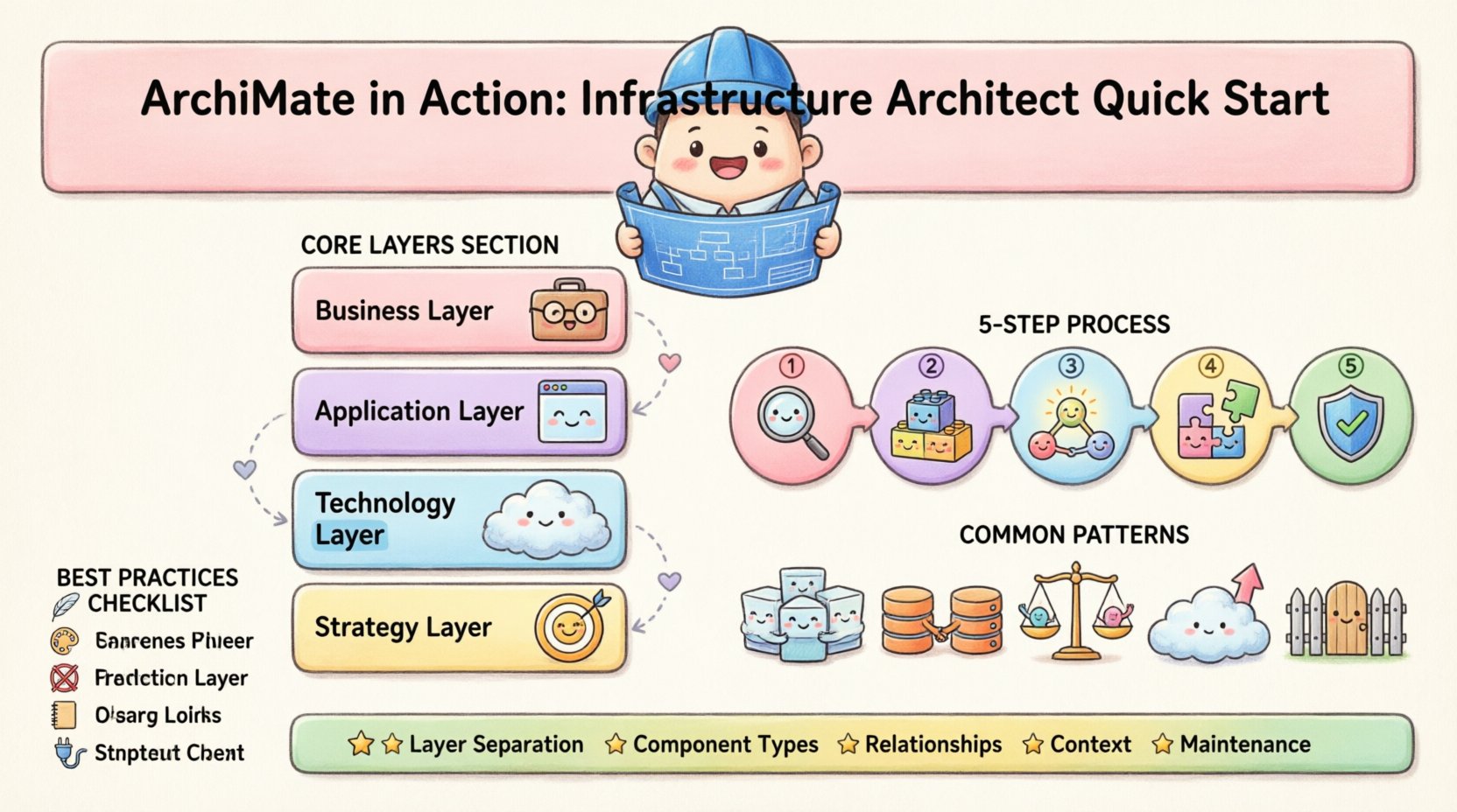 Kawaii-style infographic: ArchiMate framework for infrastructure architects showing core layers, 5-step modeling process, common patterns, and best practices with cute pastel vector icons and simplified shapes