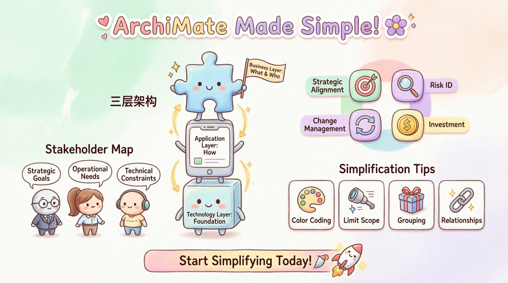 Kawaii-style infographic explaining ArchiMate enterprise architecture for non-technical stakeholders, featuring three colorful layers (Business, Application, Technology) with cute characters, key benefits icons, simplification strategies, and stakeholder mapping tips in soft pastel colors