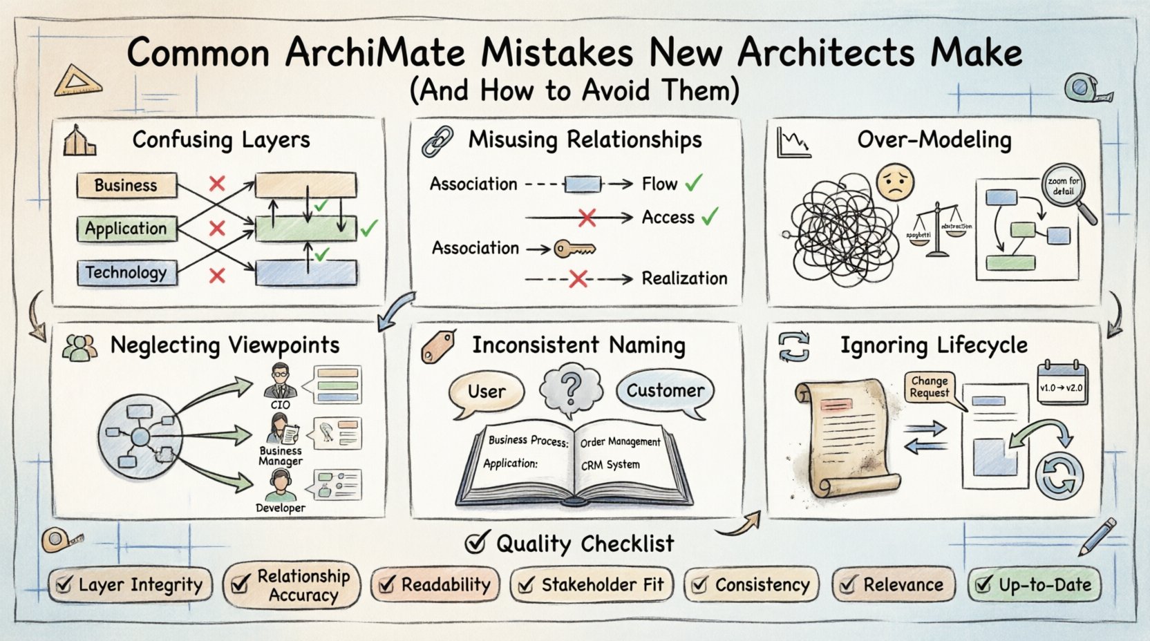 Hand-drawn infographic illustrating six common ArchiMate modeling mistakes for new enterprise architects: confusing architectural layers, misusing relationship semantics, over-modeling granularity issues, neglecting stakeholder viewpoints, inconsistent naming conventions, and ignoring lifecycle dynamics—each with visual icons, thick outline strokes, and actionable correction strategies in a clean 16:9 layout for enterprise architecture training