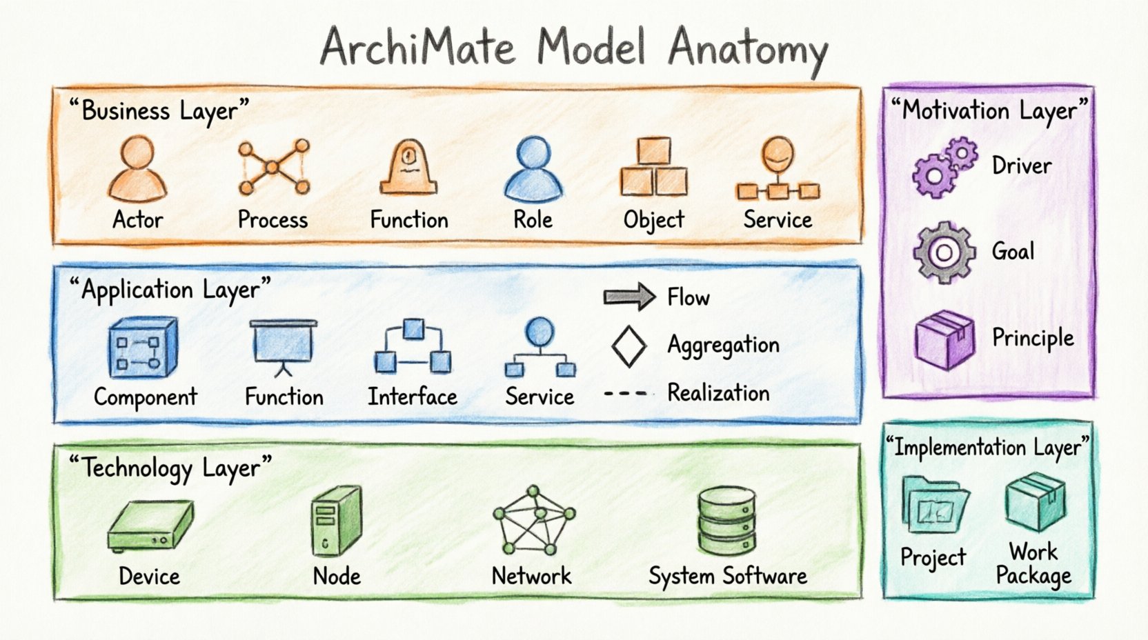 Marker-style infographic illustrating the anatomy of an ArchiMate enterprise architecture model, showing three core layers (Business, Application, Technology) with key components like Business Process, Application Component, and Device; cross-cutting Motivation and Implementation layers with Driver, Goal, and Project elements; relationship types including Flow, Aggregation, and Realization; plus practical modeling guidelines for structuring clear, maintainable architecture diagrams in English