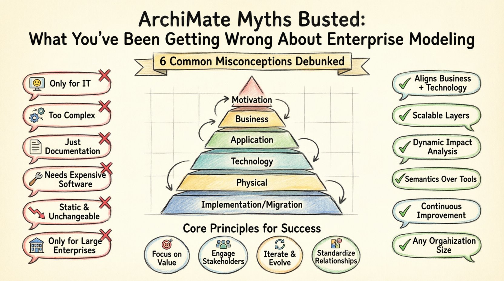 Hand-drawn infographic debunking six ArchiMate enterprise architecture myths: IT-only, too complex, just documentation, expensive tools, static models, large-enterprise only—showing reality comparisons, layered architecture pyramid (Business/Application/Technology), and four core success principles (focus on value, engage stakeholders, iterate, standardize) in 16:9 landscape with thick outline strokes and sketchy illustration style