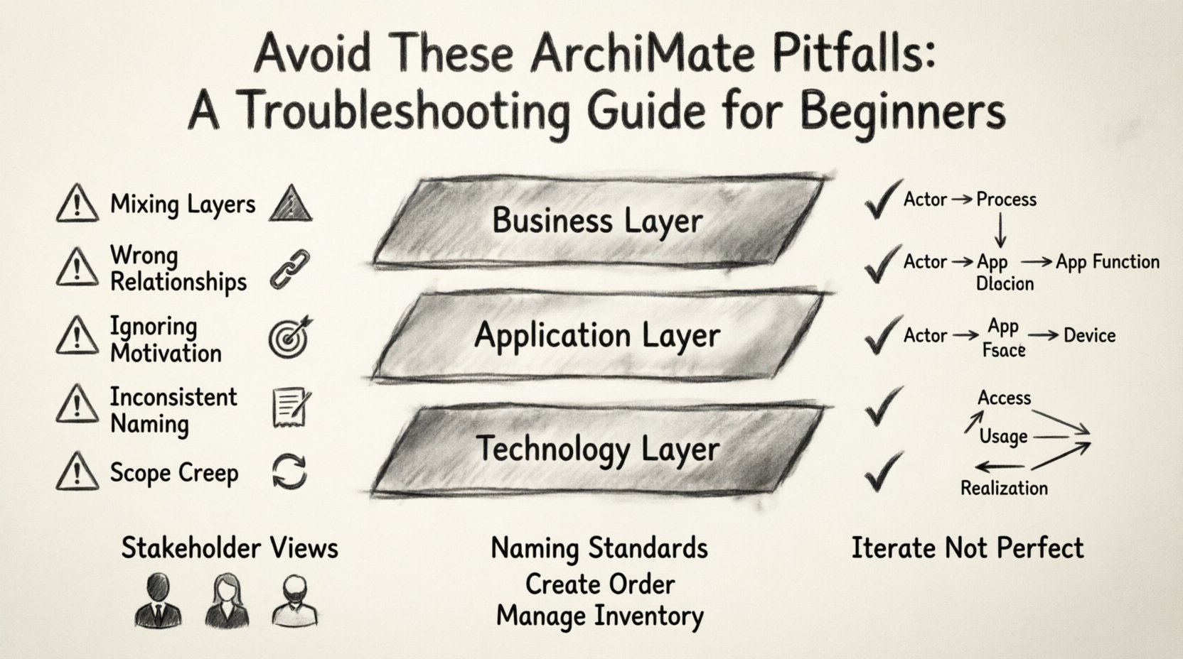 Charcoal contour sketch infographic illustrating 12 common ArchiMate modeling pitfalls for enterprise architecture beginners, featuring three-layer architecture diagram (Business, Application, Technology), correct vs incorrect relationship mappings (Access, Usage, Realization), motivation layer integration, naming convention examples, scope management visuals, and stakeholder view alignment tips in hand-drawn monochrome style