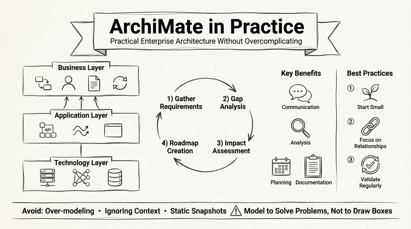 Line art infographic illustrating practical ArchiMate enterprise architecture framework: three-layer stack (Business, Application, Technology), daily workflow cycle (requirements gathering, gap analysis, impact assessment, roadmap), key benefits icons, and best practices checklist for architects using ArchiMate without overcomplicating