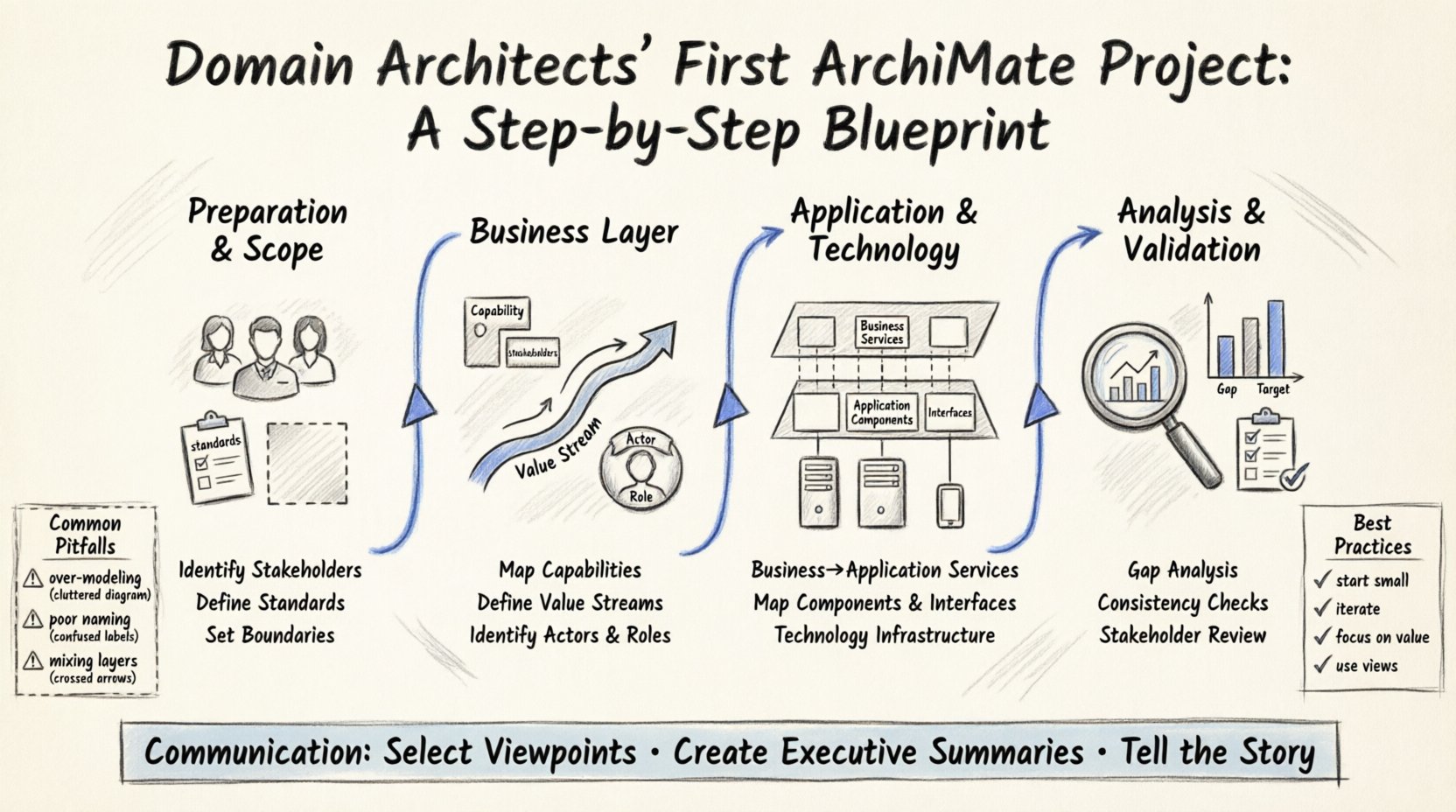 Sketch-style infographic illustrating a 4-phase blueprint for domain architects' first ArchiMate project: Phase 1 Preparation (stakeholder identification, modeling standards, scope boundaries), Phase 2 Business Layer (capability mapping, value streams, actor/role definition), Phase 3 Application & Technology (service tracing, component interfaces, infrastructure mapping), Phase 4 Analysis & Validation (gap analysis, consistency checks, stakeholder review), with side panels highlighting common pitfalls like over-modeling and poor naming, plus best practices such as starting small and iterating, all rendered in hand-drawn pencil sketch style with blue accent highlights for a professional yet approachable enterprise architecture visual guide