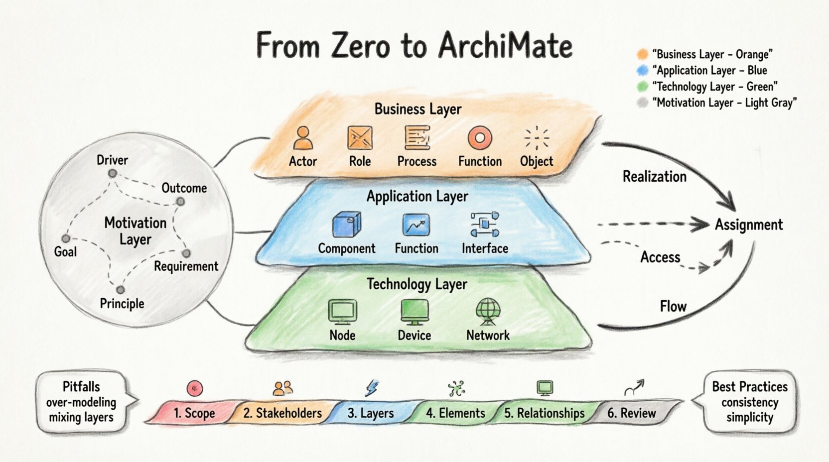 Marker-style infographic illustrating ArchiMate enterprise architecture framework for solution architects: three core layers (Business, Application, Technology) with key elements, structural and behavioral relationships, Motivation Layer concepts, 6-step modeling workflow, and best practices for clear visual communication in digital transformation projects