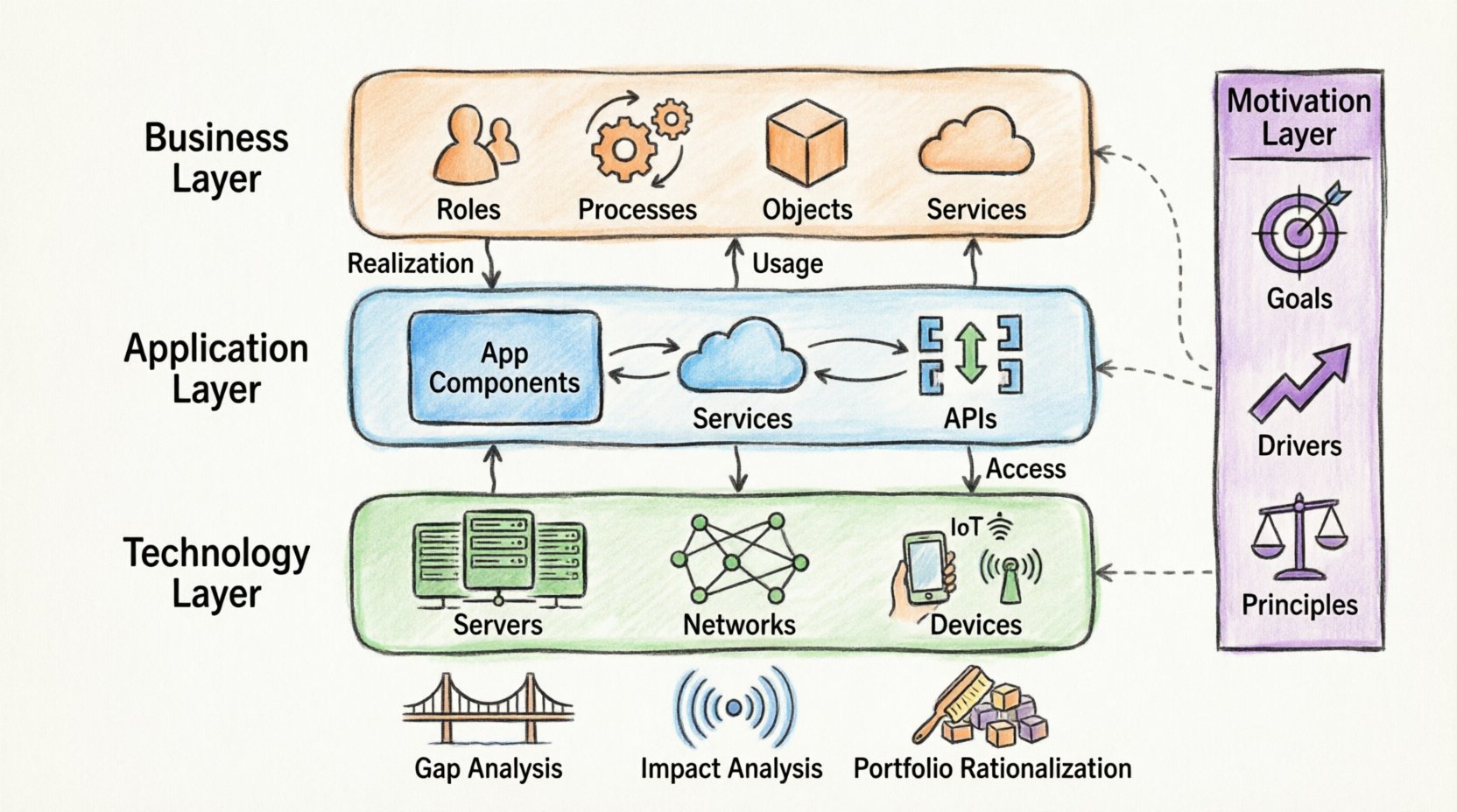 ArchiMate framework infographic for Solution Architects showing layered enterprise architecture: Business Layer with roles and processes, Application Layer with software components and services, Technology Layer with infrastructure and networks, connected by realization and usage relationships, plus Motivation Layer with goals and drivers, illustrating practical use cases including gap analysis, impact analysis, and portfolio rationalization in marker illustration style