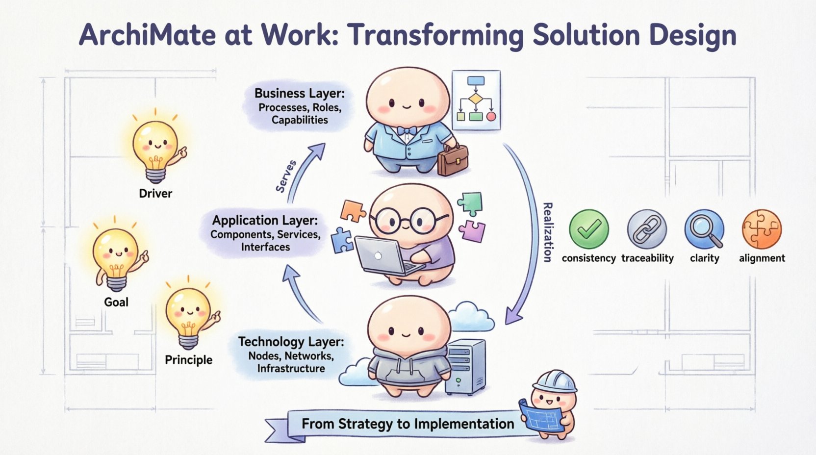Chibi-style infographic illustrating how ArchiMate framework transforms enterprise solution design, featuring three layered architecture (Business, Application, Technology), motivation elements, key benefits including consistency and traceability, and best practices for bridging business strategy with IT implementation