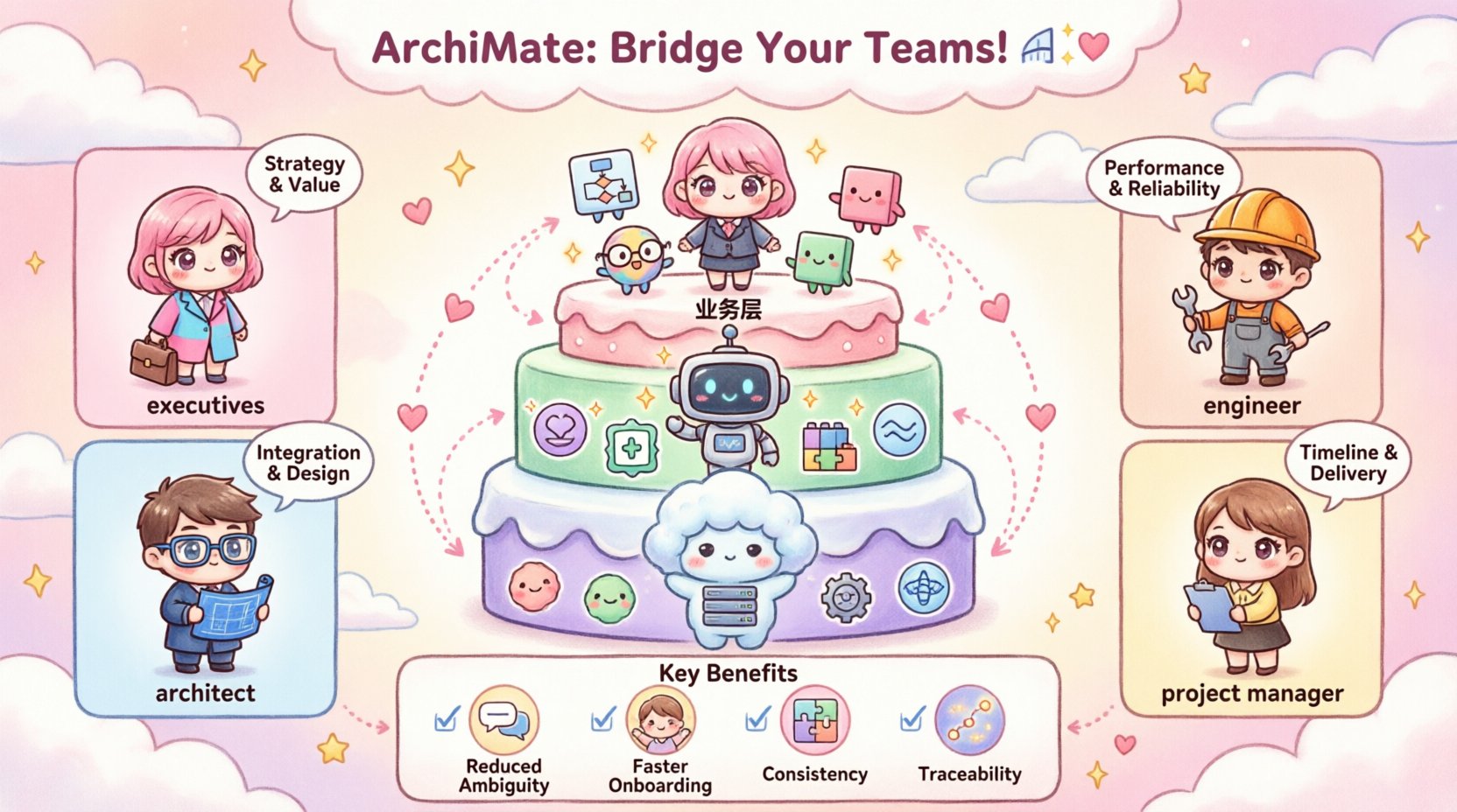 Kawaii-style infographic illustrating how ArchiMate enterprise architecture framework bridges communication between business, application, and technology teams through standardized vocabulary, layered modeling, stakeholder viewpoints, and visual traceability for better alignment and decision-making