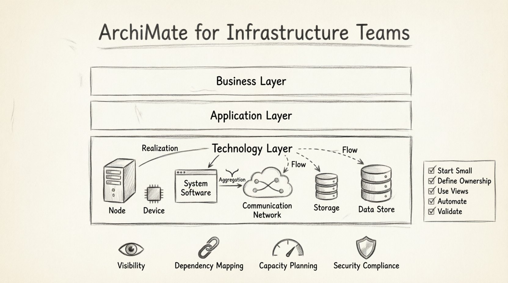 Sketch-style infographic illustrating ArchiMate Technology Layer modeling for infrastructure teams, showing core elements like Nodes, Devices, System Software, Communication Networks, and Storage with relationships including Realization, Aggregation, and Flow, plus best practices and integration with Application and Business layers