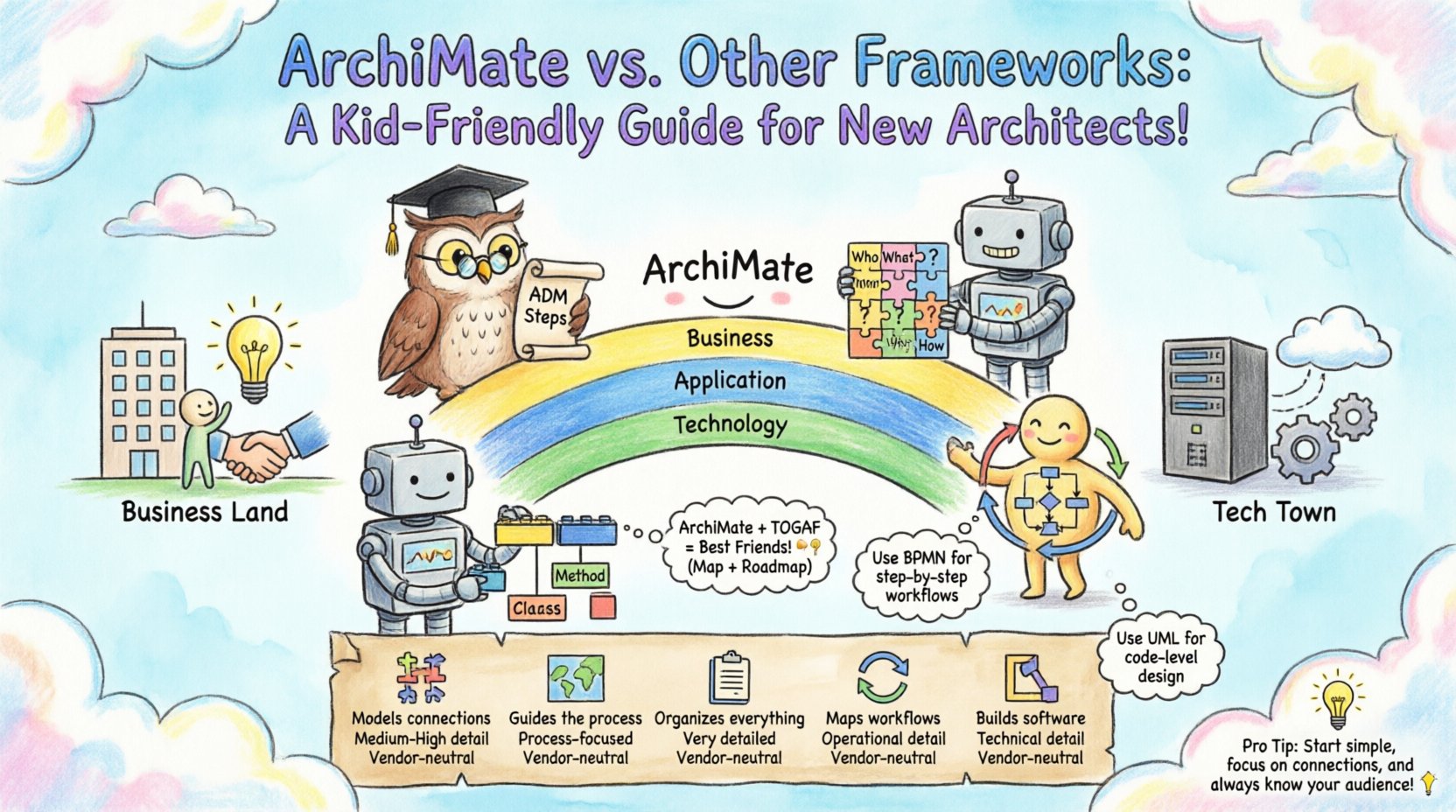 Child-style drawing infographic comparing ArchiMate enterprise architecture modeling language with TOGAF methodology, Zachman framework, BPMN, and UML, featuring a colorful bridge connecting business and technology layers, playful character icons for each framework, simple comparison chart, and beginner-friendly tips for new architects