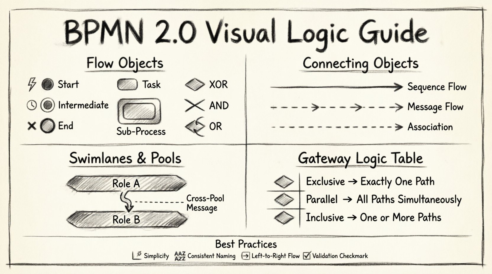 Charcoal sketch infographic illustrating BPMN 2.0 components: flow objects (events as circles, activities as rounded rectangles, gateways as diamonds), connecting objects (sequence flow, message flow, association lines), swimlanes and pools for role organization, gateway logic types (XOR exclusive, OR inclusive, AND parallel), and event triggers (message, timer, signal). Educational visual guide with hand-drawn contour style showing business process modeling notation structure, decision points, and best practices for workflow clarity in monochrome artistic rendering.