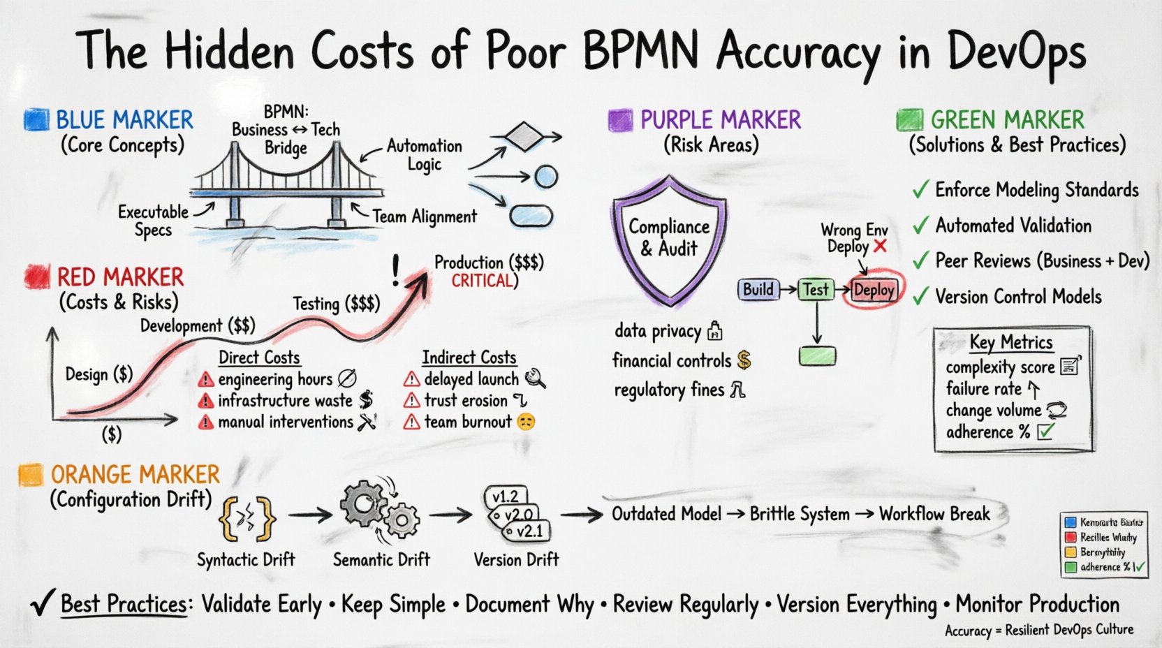 Hand-drawn whiteboard infographic illustrating the hidden costs of poor BPMN accuracy in DevOps: shows exponential cost escalation from design to production, direct and indirect financial impacts, configuration drift types, compliance risks, CI/CD pipeline failures, and four key solutions including modeling standards, validation, peer review, and version control, with color-coded sections and best practices checklist for resilient automation