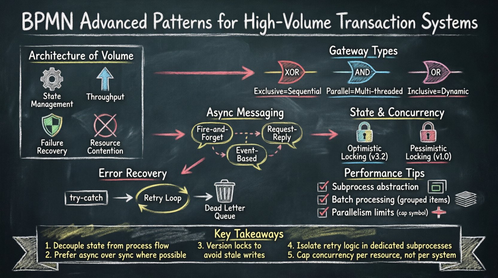 Chalkboard-style infographic illustrating advanced BPMN patterns for high-volume transaction systems: gateway types (exclusive, parallel, inclusive), asynchronous messaging patterns, state management with optimistic/pessimistic locking, compensation and error recovery strategies, performance tuning via batch processing and subprocess abstraction, plus monitoring metrics and security compliance checkpoints - presented in teacher-style hand-written format for easy understanding by architects and developers