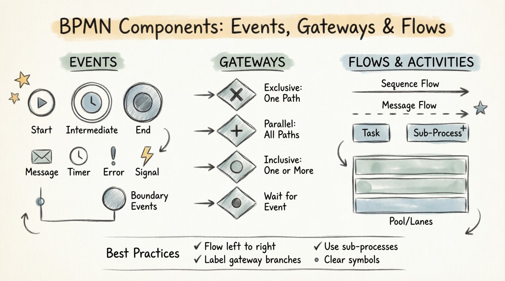 Hand-drawn infographic explaining BPMN Business Process Model and Notation components: Events (Start, Intermediate, End with Message/Timer/Error/Signal icons), Gateways (Exclusive XOR, Parallel AND, Inclusive OR, Event-Based), Flows (Sequence and Message arrows), Activities (User Task, Service Task, Sub-Process), and Containers (Pools and Lanes), with best practices checklist for creating clear process diagrams