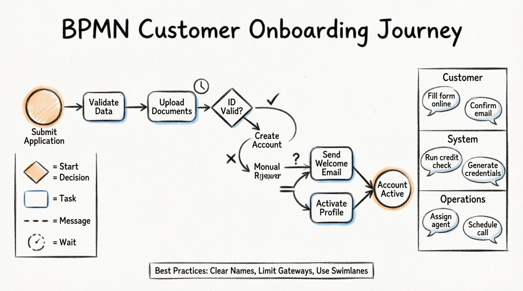Hand-drawn infographic illustrating the BPMN customer onboarding journey workflow, featuring start event, task boxes, decision gateways, parallel processes, and end event with swimlanes for Customer, System, and Operations teams, showing the complete process from application submission to account activation with thick outline sketch aesthetic