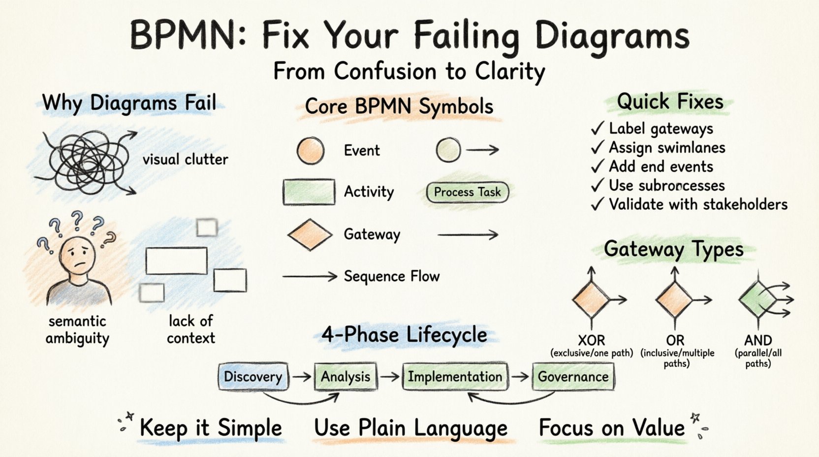 Marker-style infographic showing how to fix failing BPMN diagrams: covers common pitfalls like semantic ambiguity and visual clutter, core BPMN symbols (events, activities, gateways), quick fixes checklist, gateway types (XOR/OR/AND), and the 4-phase process model lifecycle for clearer business process communication