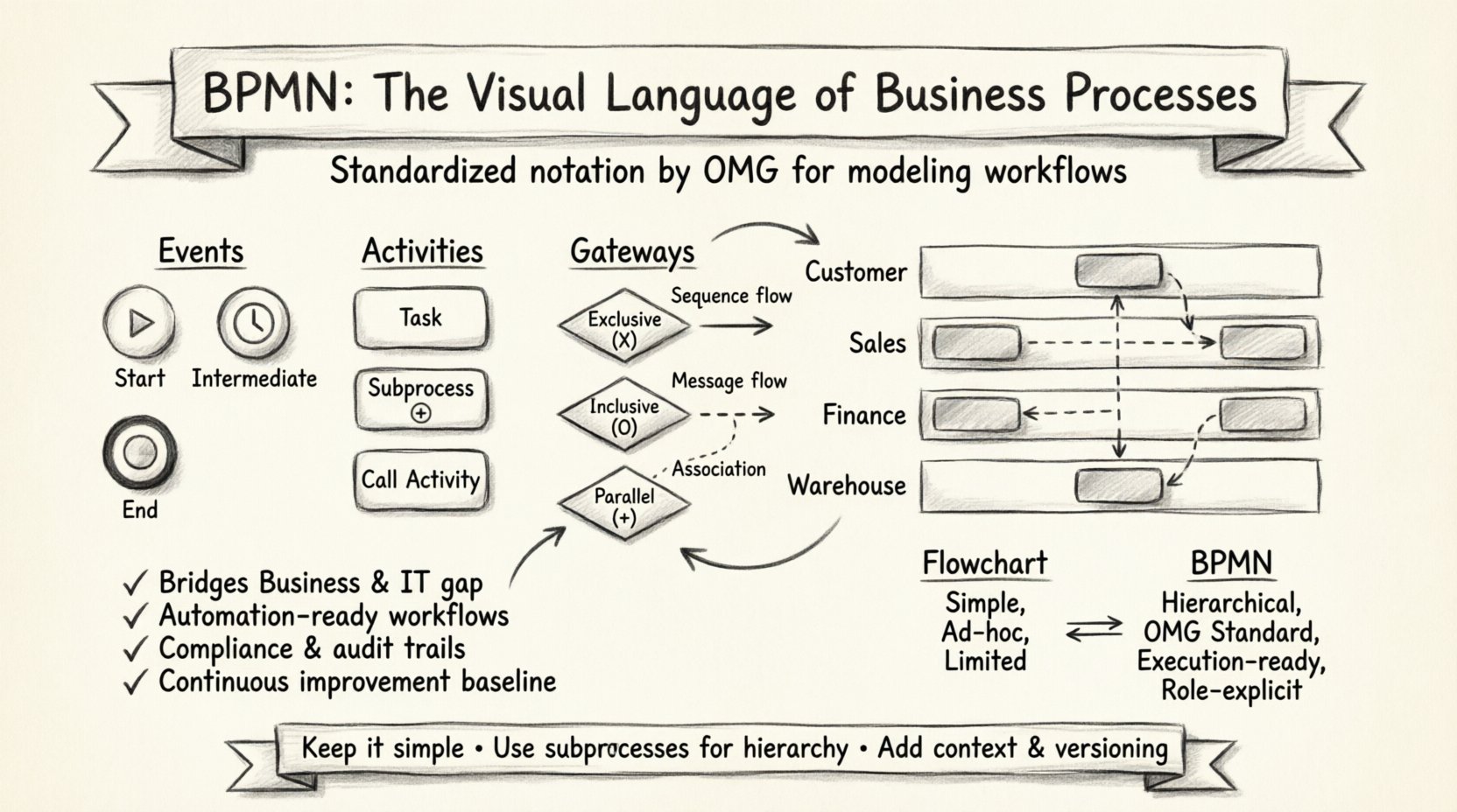 Hand-sketched infographic explaining Business Process Model and Notation (BPMN) in 16:9 format, featuring the four core elements (Events as circles, Activities as rounded rectangles, Gateways as diamonds, Connecting Objects as arrows), swimlane diagrams showing Pools and Lanes for role-based workflow visualization, key business benefits including Business-IT alignment and automation readiness, a BPMN versus traditional flowchart comparison table, and best practice tips—all rendered in a clean pencil-sketch style with handwritten annotations for educational clarity