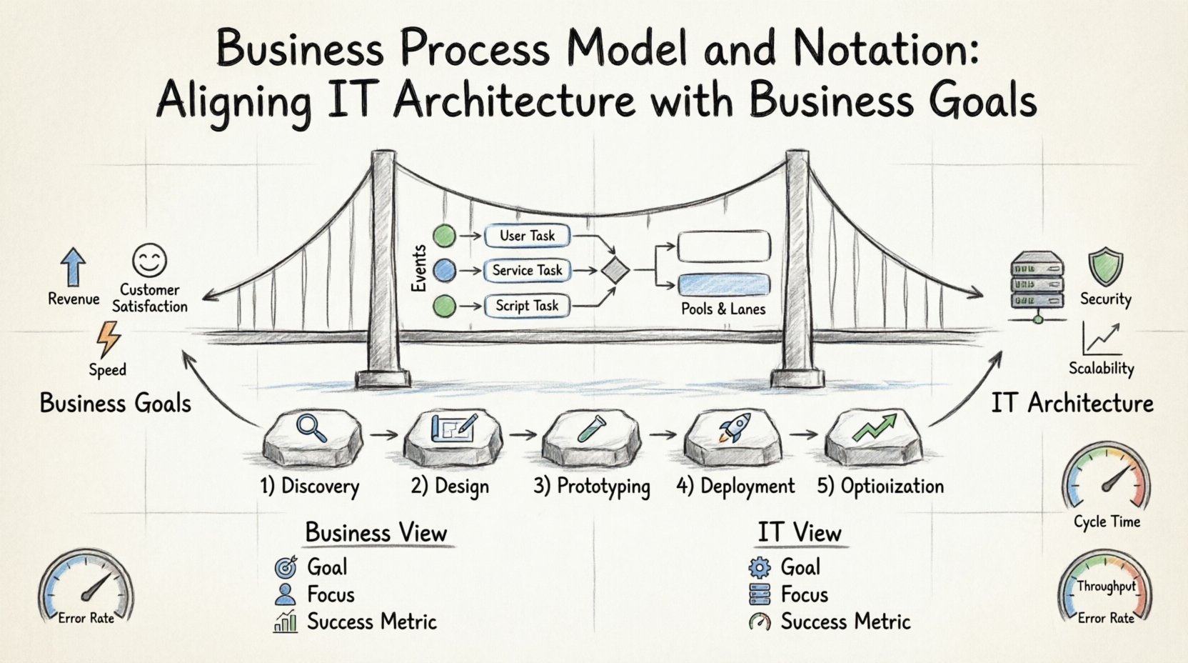 Hand-drawn infographic illustrating Business Process Model and Notation (BPMN) as a bridge aligning IT architecture with business goals, featuring sketched BPMN symbols (events, tasks, gateways, swimlanes), a 5-phase implementation roadmap, business vs IT perspective comparison, and key KPIs for process optimization