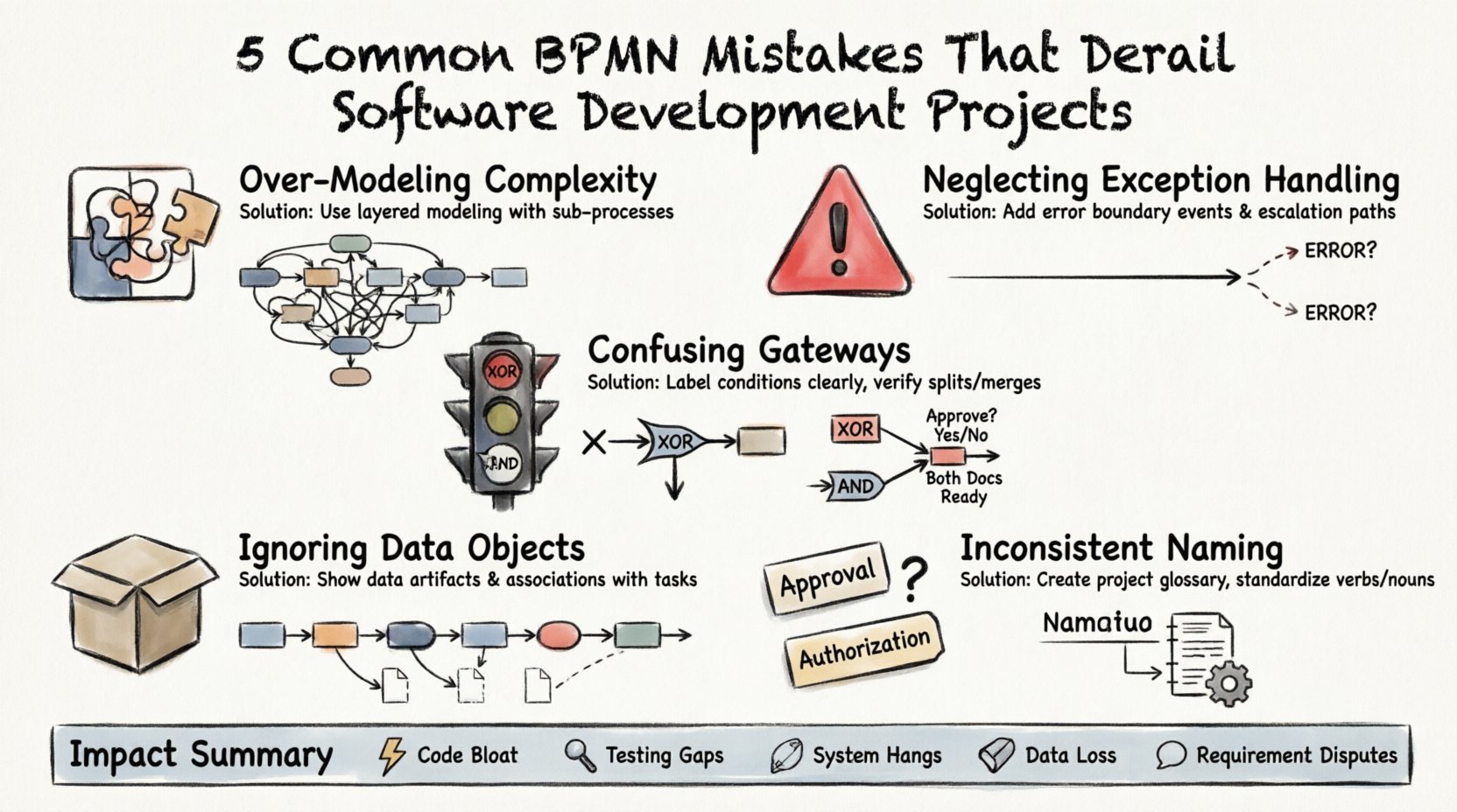 Hand-drawn infographic illustrating 5 common BPMN modeling mistakes that derail software development: over-modeling complexity with excessive detail, neglecting exception handling paths, confusing exclusive and parallel gateways, ignoring data objects and information flow, and inconsistent naming conventions. Each section features thick-outline sketch illustrations with corrective best practices, impact summaries, and visual icons for quick reference by business analysts and development teams.