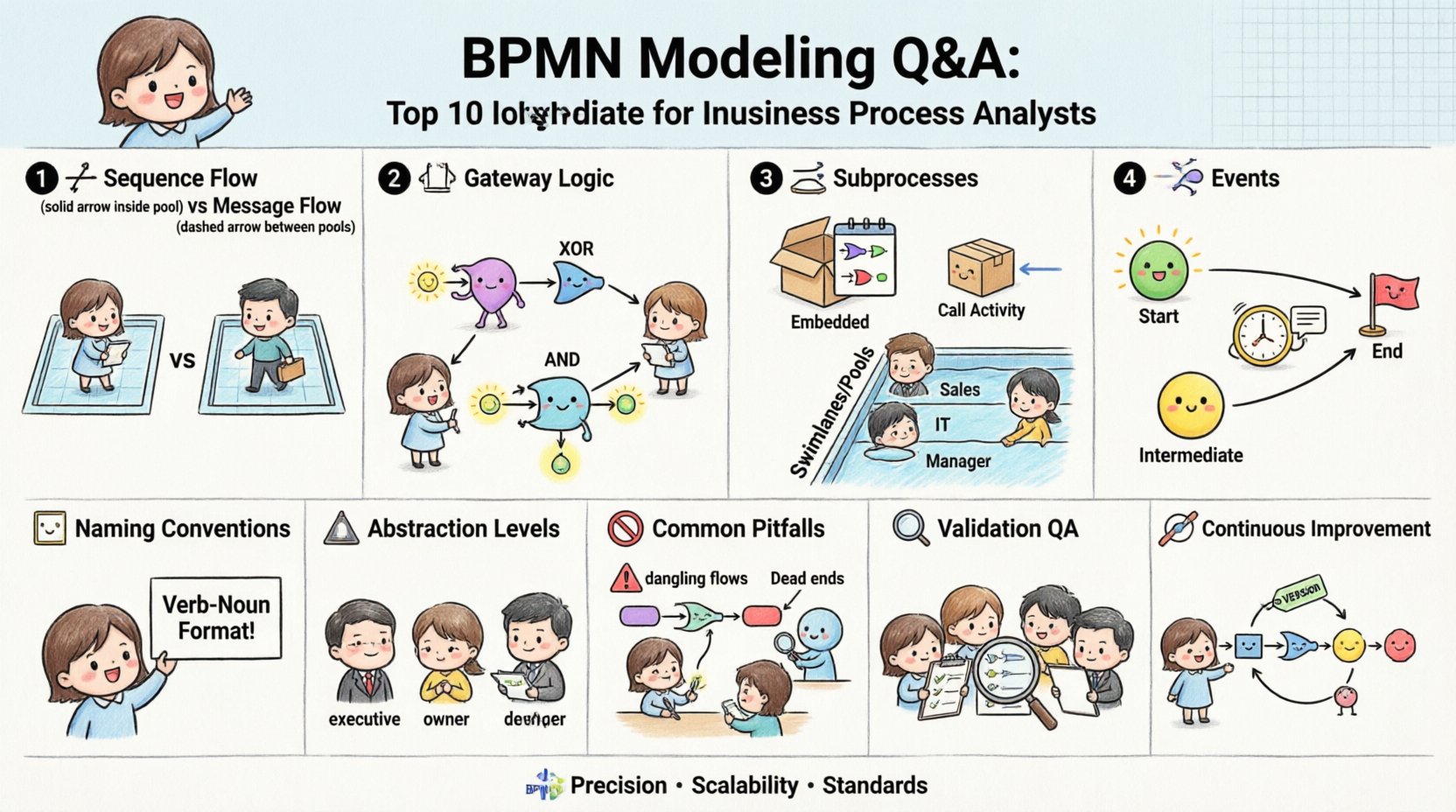 Chibi-style infographic covering 10 essential BPMN modeling questions for intermediate business process analysts: sequence vs message flow, exclusive vs parallel gateways, embedded vs call activity subprocesses, event handling, swimlanes and pools, naming conventions, abstraction levels, common pitfalls, validation QA, and continuous improvement, featuring cute characters and playful BPMN symbols in 16:9 layout
