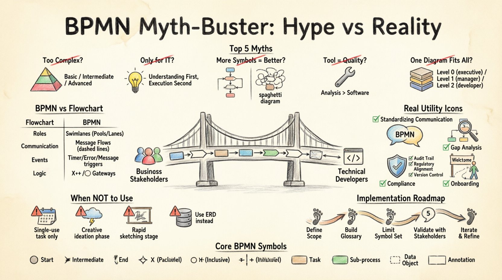 Hand-drawn infographic debunking BPMN myths: Business Process Model and Notation as a visual communication standard bridging business and IT, featuring top 5 myths vs reality comparisons, BPMN symbol legend (events, gateways, activities), real-world use cases for standardization and compliance, when not to use BPMN, and a 5-step implementation roadmap for process modeling success
