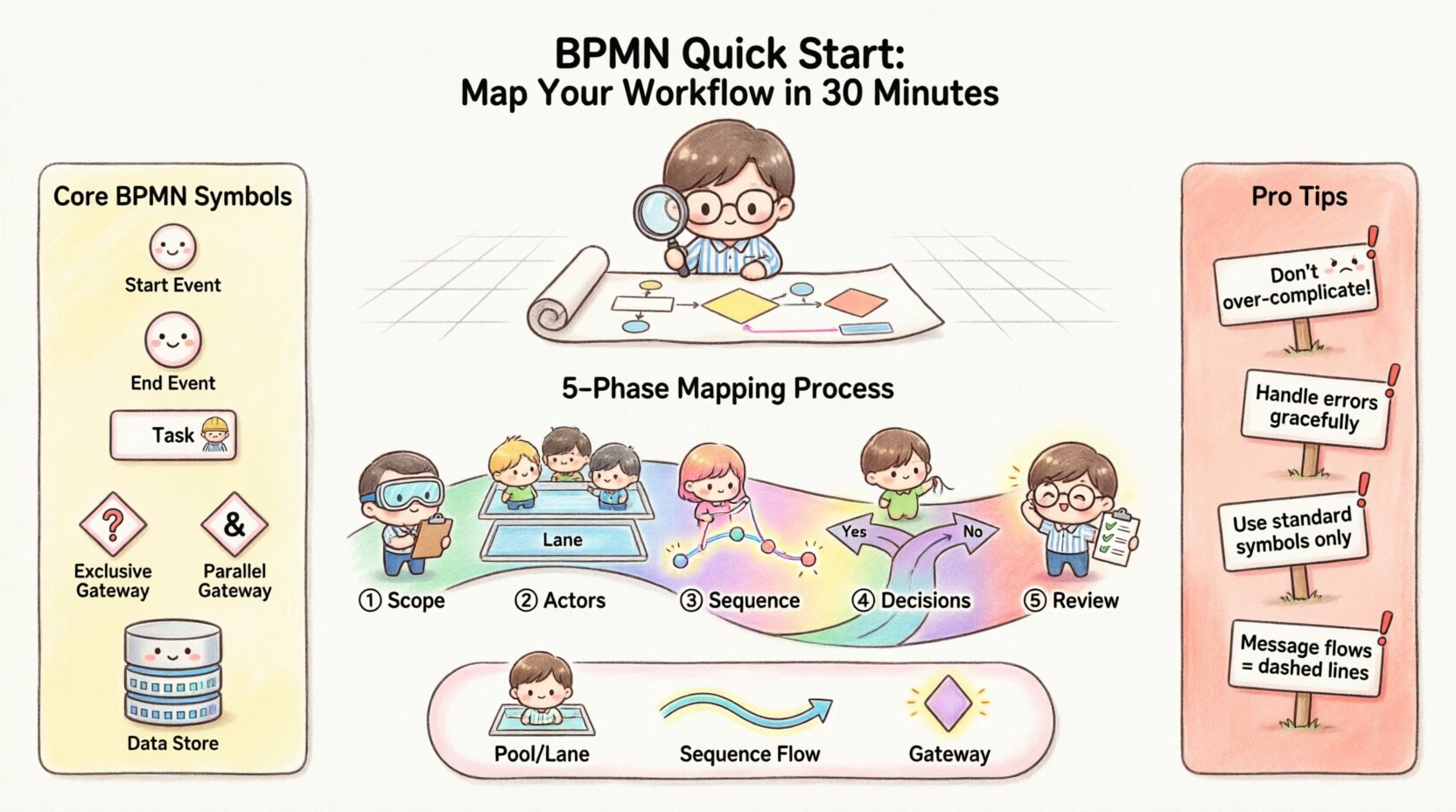 Chibi-style infographic guide to Business Process Model and Notation (BPMN) quick start: visual reference for core symbols including start/end events, tasks, gateways, pools and lanes, plus a 5-phase workflow mapping process (scope, actors, sequence, decisions, review) with cute characters, pro tips to avoid common mistakes, and key takeaways for mapping business workflows in under 30 minutes