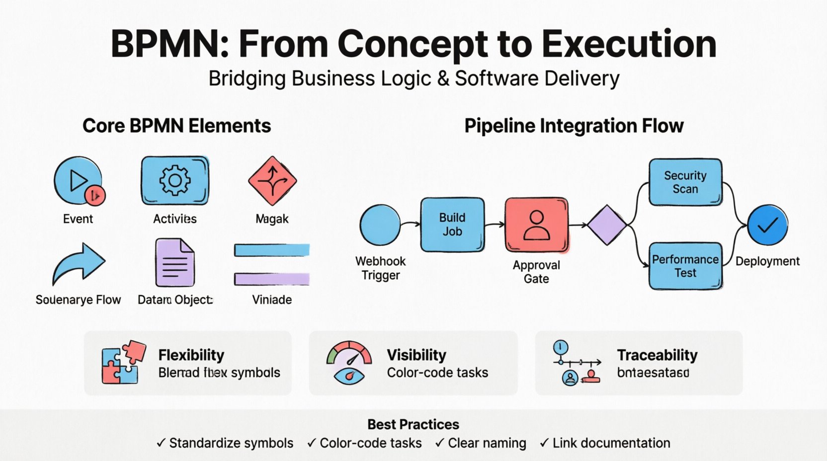 Educational infographic explaining Business Process Model and Notation (BPMN) for software delivery pipelines, featuring core BPMN elements (events, activities, gateways, flows), pipeline stage mappings from webhook to deployment, key benefits including flexibility visibility and traceability, and modeling best practices, designed with clean flat style and pastel colors for student and social media audiences