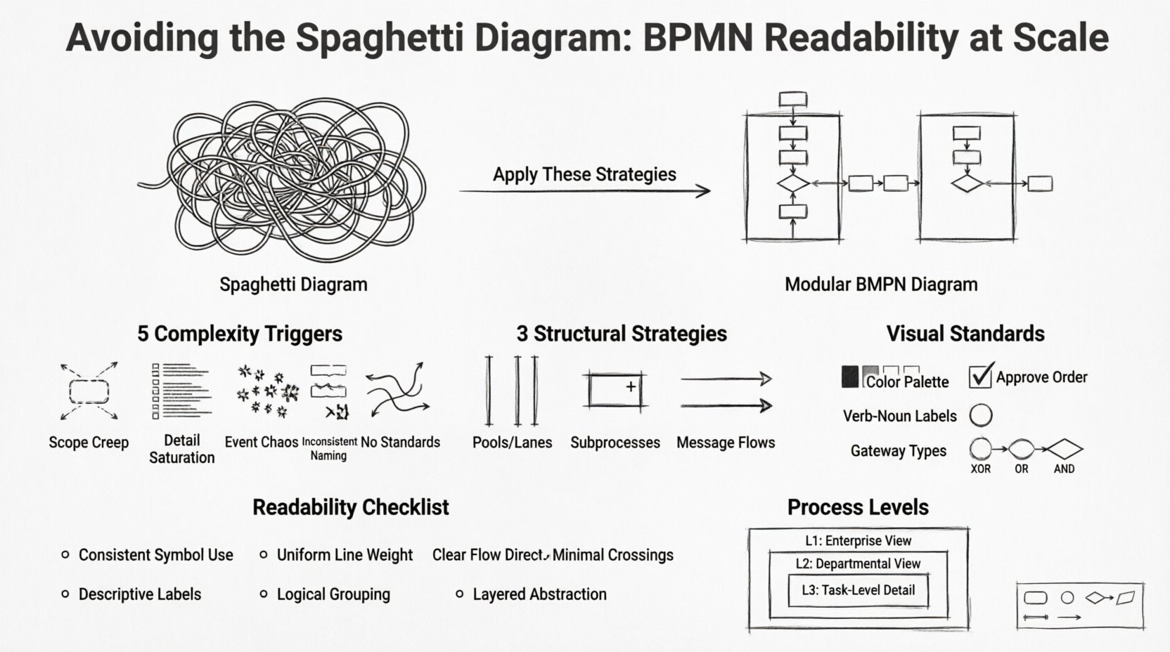 Line art infographic titled 'Avoiding the Spaghetti Diagram: BPMN Readability at Scale' showing strategies to maintain clear Business Process Model and Notation diagrams. Features visual comparison of tangled vs. modular diagrams, five complexity triggers (scope creep, detail saturation, event chaos, inconsistent naming, lack of standards), three structural strategies (effective pools/lanes, subprocesses, message flow management), visual consistency guidelines (color coding, verb-noun labeling, gateway types), a 7-point readability checklist, and three-level process hierarchy (L1 strategic, L2 departmental, L3 task-level). Designed in clean monochrome line art style with organized layout for easy scanning.