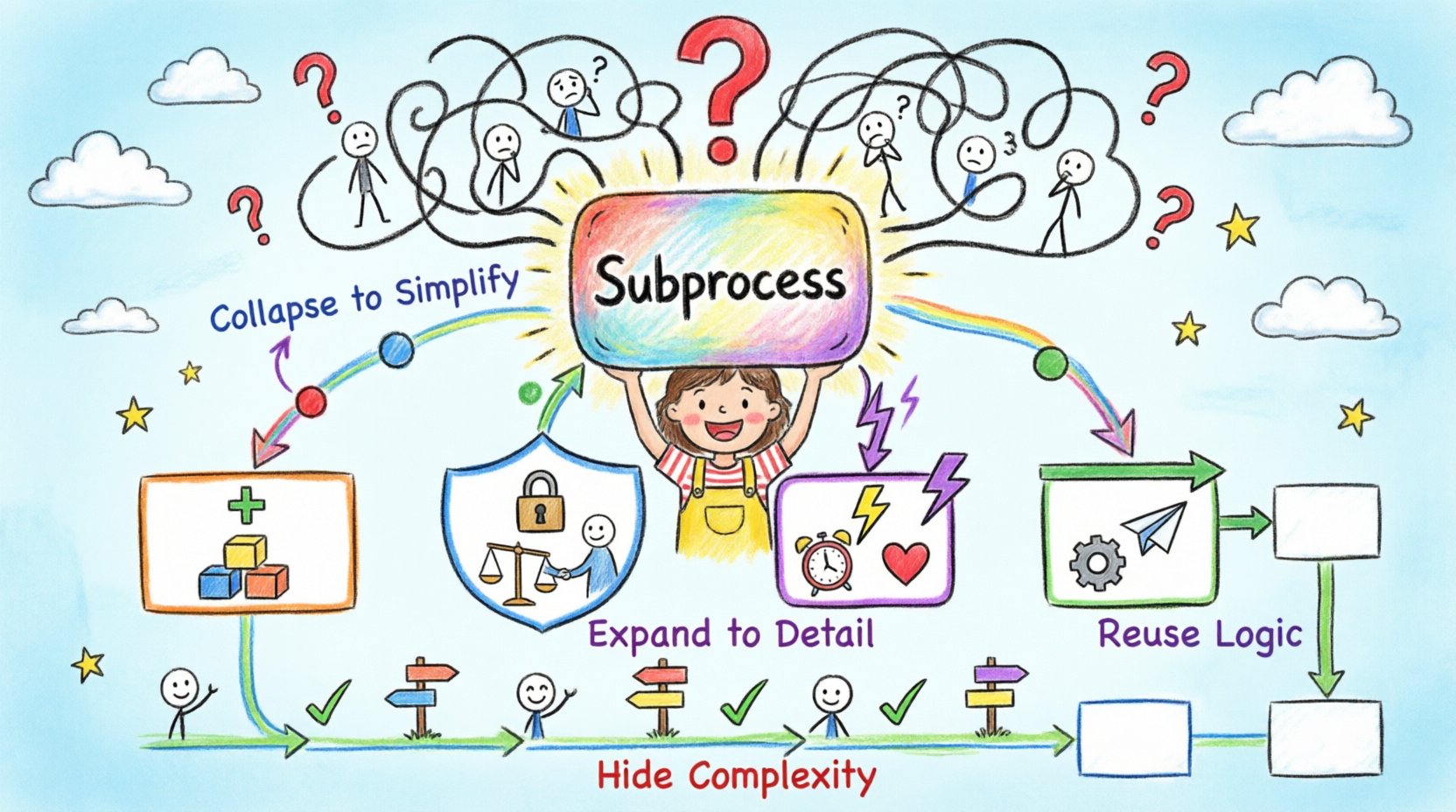 Child's drawing style infographic explaining BPMN subprocesses: shows how complex business process mazes are organized into colorful magic boxes representing standard, transaction, event, and call activity subprocess types, with playful crayon arrows illustrating data flow and happy stick figures celebrating simplified workflows