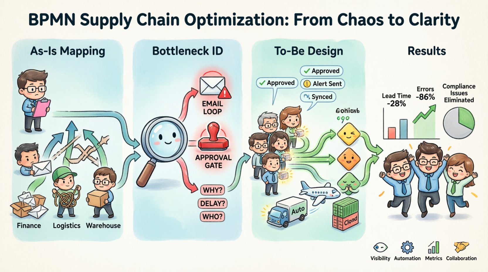 Chibi-style infographic illustrating BPMN Business Process Model and Notation case study for supply chain optimization, showing four phases: As-Is process mapping with fragmented workflows, bottleneck identification with manual handoffs and approval delays, To-Be optimized design with automated notifications and parallel processing gateways, and measurable results including 28% reduced lead time and 86% fewer data errors, featuring cute cartoon project managers, logistics teams, and BPMN symbols for project management professionals