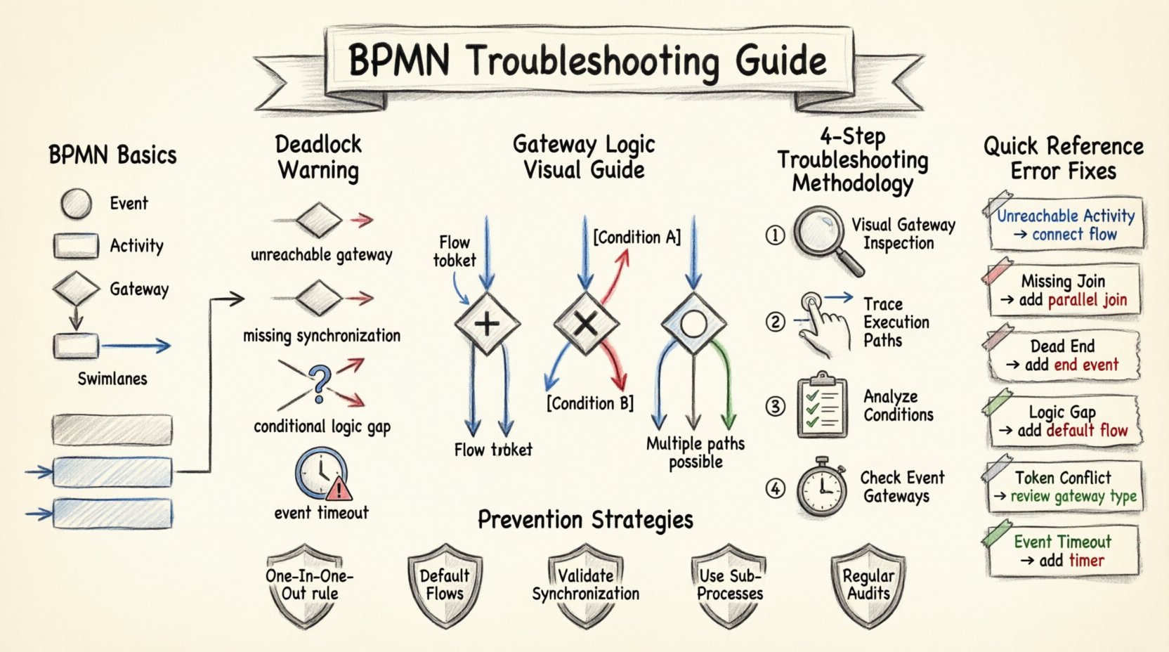 Hand-drawn sketch infographic illustrating BPMN troubleshooting guide for fixing deadlocks and parallelism errors, featuring BPMN flow objects, gateway types (AND/XOR/OR), common deadlock causes, 4-step troubleshooting methodology, error pattern fixes table, and prevention best practices for business process modeling