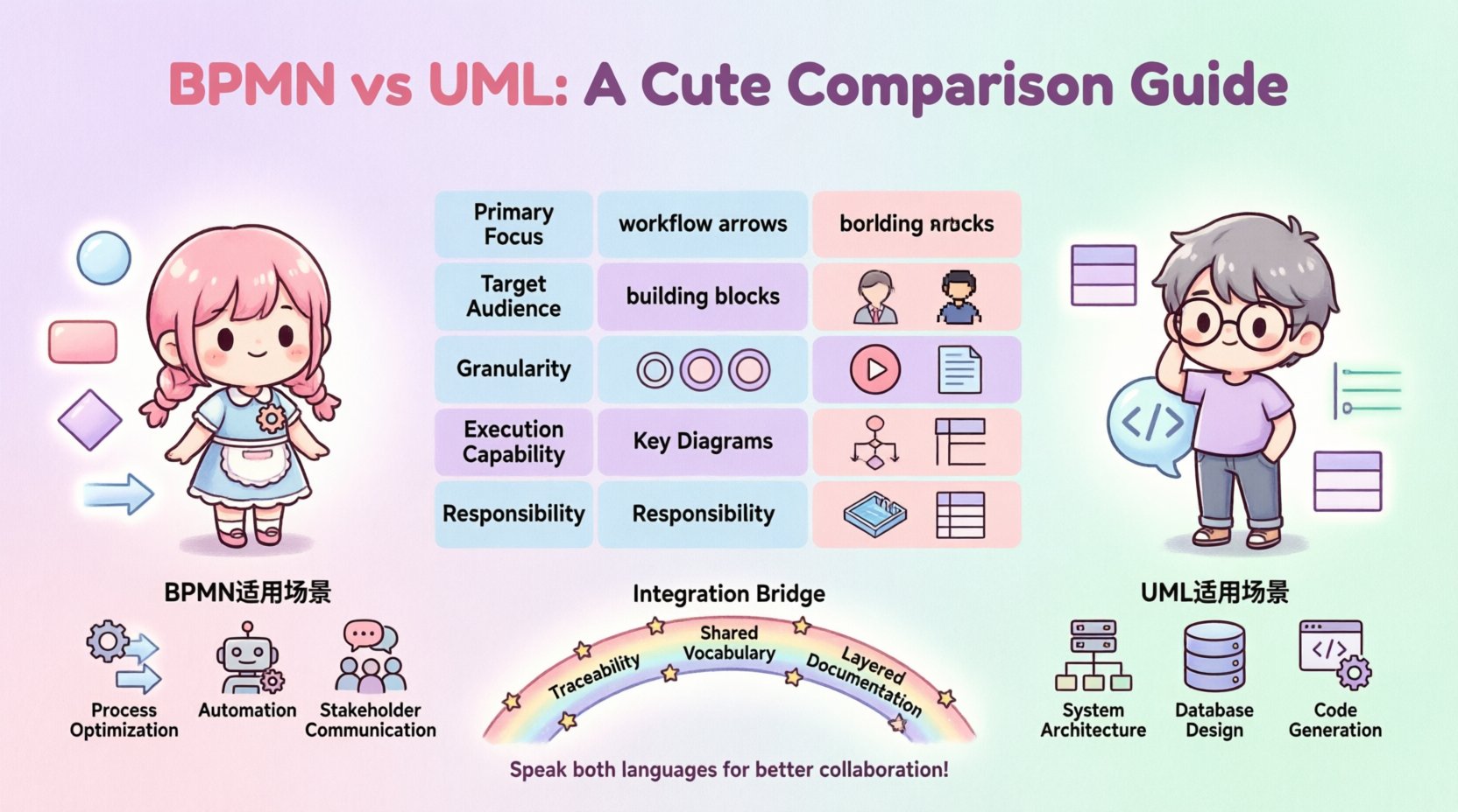 Adorable kawaii-style infographic comparing BPMN and UML modeling standards for business analysts and developers, featuring pastel-colored vector illustrations of process flows versus system architecture, with cute characters, simplified icons for events activities gateways and class diagrams, comparison table highlighting focus audience granularity and use cases, plus integration strategies for bridging business and technical teams