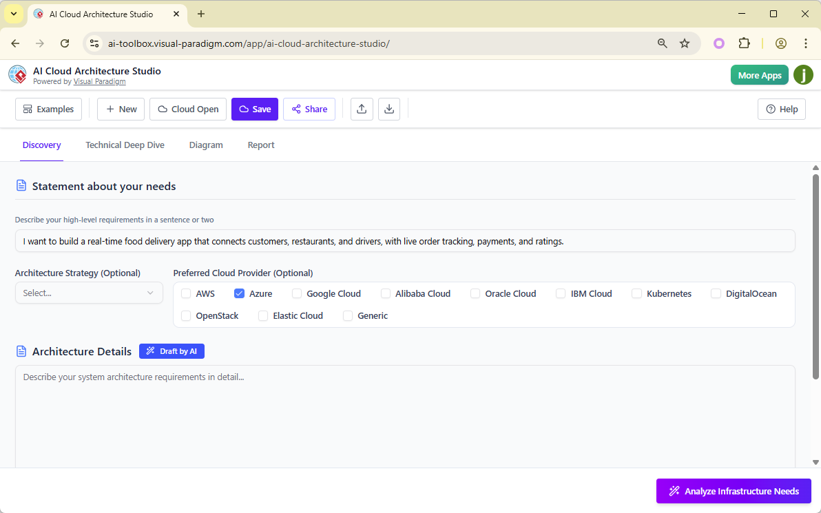 A screenshot of Visual Paradigm's AI Cloud Architecture Studio, showing the first step - Providing the context of the system