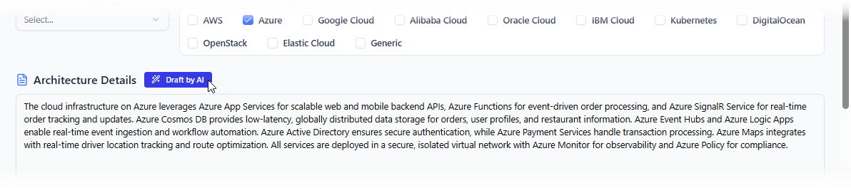 A screenshot of Visual Paradigm's AI Cloud Architecture Studio, showing the first step - Entered the architecture details