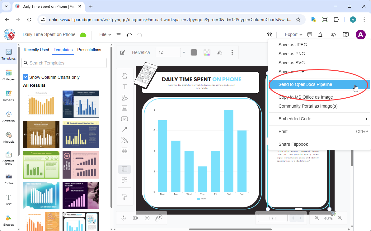 A screenshot of Visual Paradigm Online that shows how to send a column chart from Visual Paradigm Online to Visual Paradigm OpenDocs through the top menu.