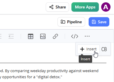 A screenshot of Visual Paradigm OpenDocs that shows the user clicking on the Insert button on the toolbar.