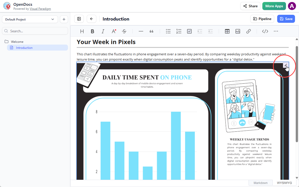 A screenshot of Visual Paradigm OpenDocs that shows how to open the Edit dialog box from a diagram image.