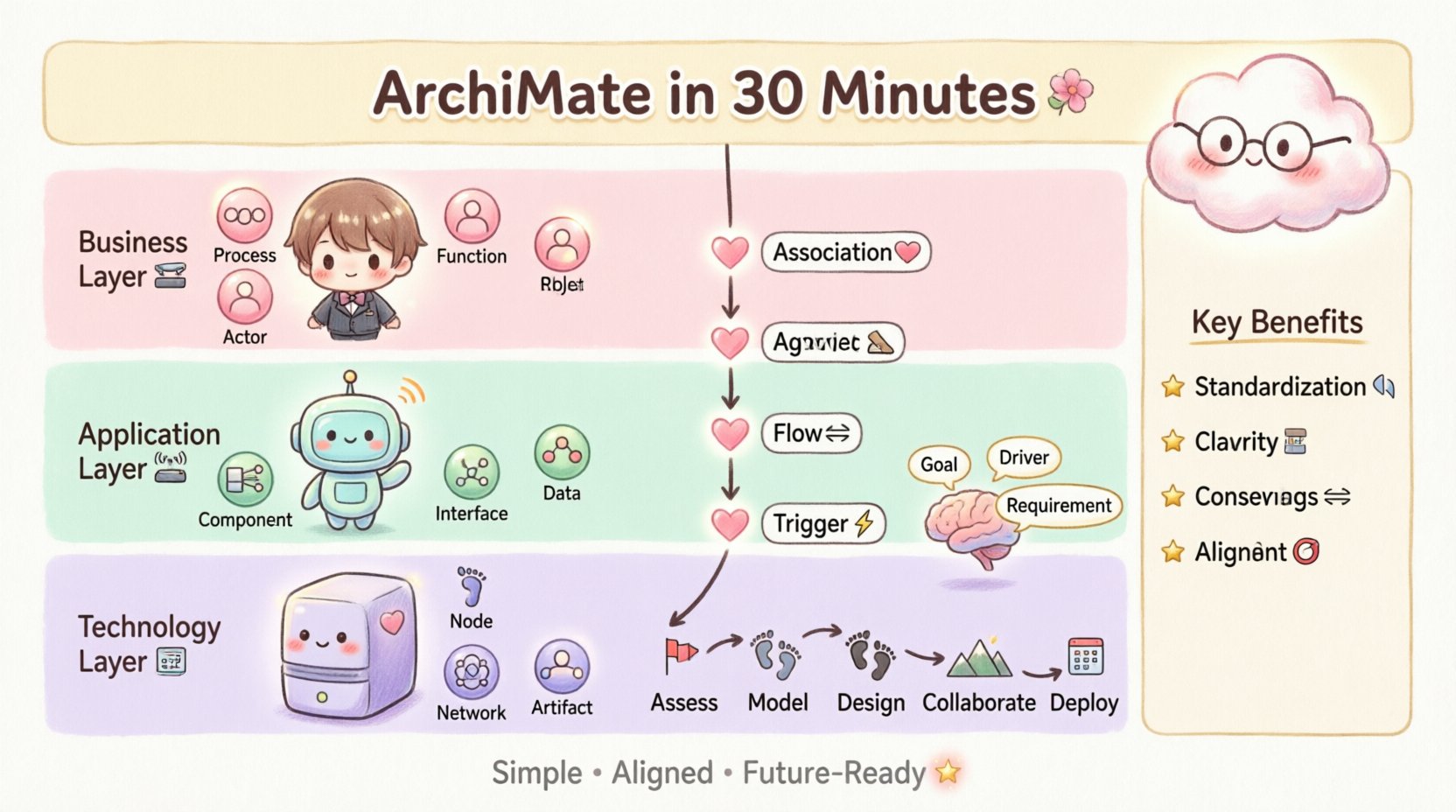 Kawaii-style infographic explaining ArchiMate enterprise architecture framework in 30 minutes, featuring three core layers (Business, Application, Technology) with cute pastel characters, key benefits checklist, relationship connectors, and 5-step implementation guide, designed in 16:9 aspect ratio with playful English typography and soft color palette