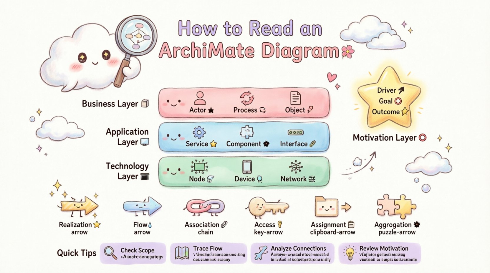 Kawaii-style infographic teaching beginners how to read ArchiMate enterprise architecture diagrams, featuring cute pastel-colored layers (Business, Application, Technology, Motivation), adorable icons for actors, processes, services, and servers, friendly relationship arrows with labels, and quick interpretation tips in a clean 16:9 layout