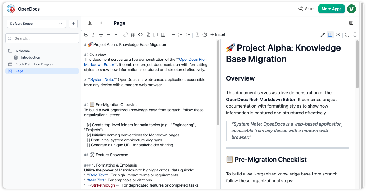 OpenDocs Markdown editor interface showing a split-pane view with a technical document in raw Markdown on the left and a live formatted preview on the right.