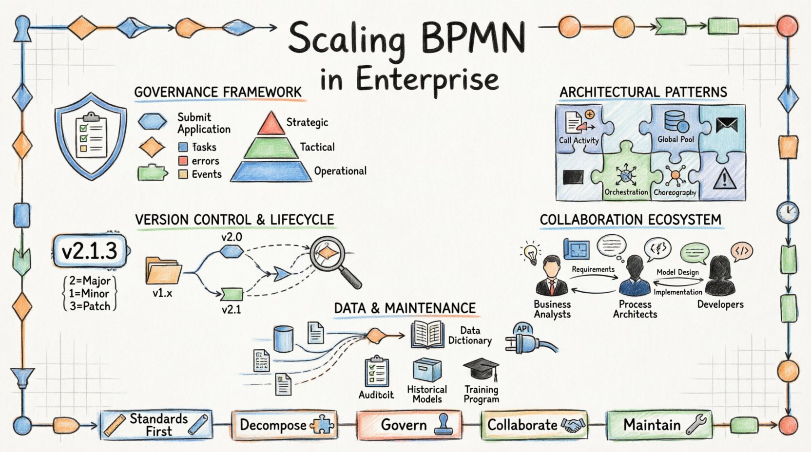 Marker-style infographic illustrating best practices for scaling Business Process Model and Notation (BPMN) in large enterprises: governance frameworks with modeling standards and 3-tier oversight, architectural patterns including modularization and orchestration vs choreography, semantic versioning strategies, three-layer collaboration between business analysts and architects and developers, data integration with enterprise standards, and maintenance workflows for audit and training - all designed to transform static diagrams into dynamic assets for efficiency and compliance