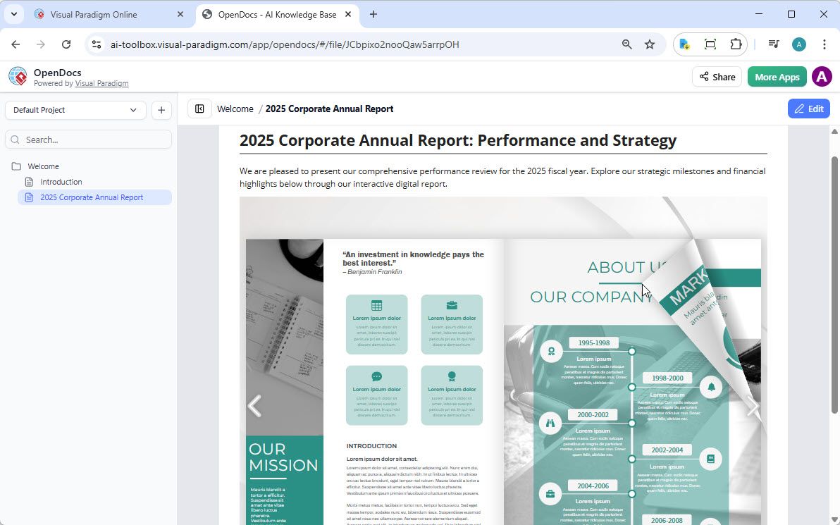 A screenshot of OpenDocs, showing a flipbook embedded into OpenDocs, and reader is flipping the book to read it.