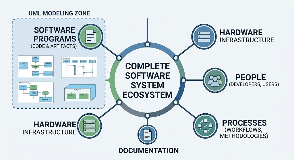 A complete software system includes programs, hardware infrastructure, people, processes, and documentation