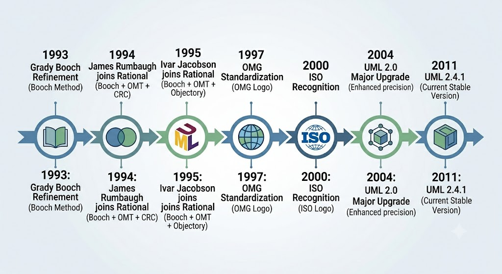 The historical timeline showing key milestones in UML's development from initial concept to international standard