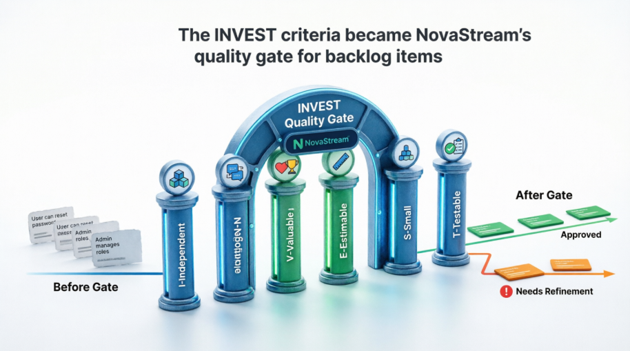 The INVEST criteria became NovaStream's quality gate for backlog items