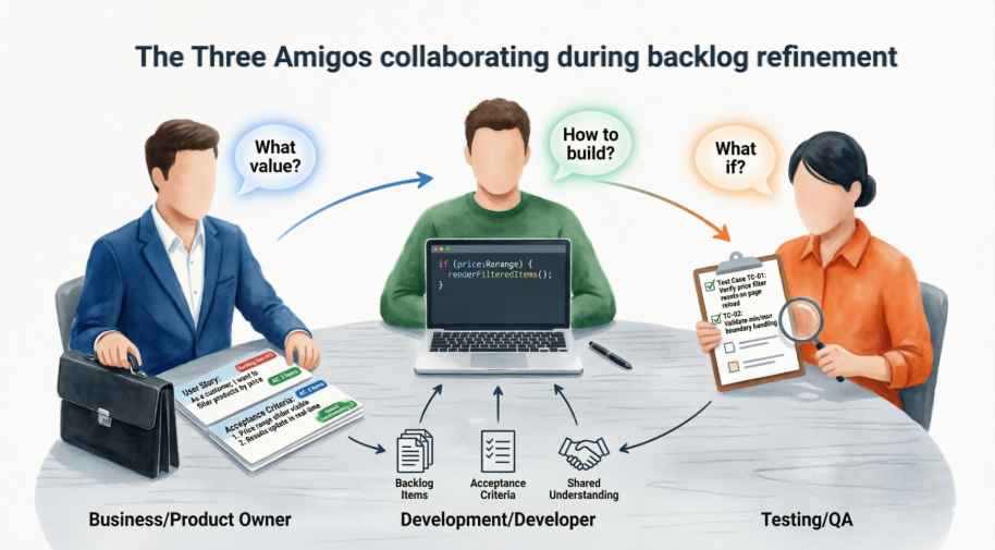 The Three Amigos collaborating during backlog refinement
