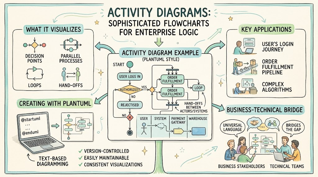 AI Assisted Diagram as Code: Activity Diagams for Sophiscated Flowcharts for Enterprise Logic