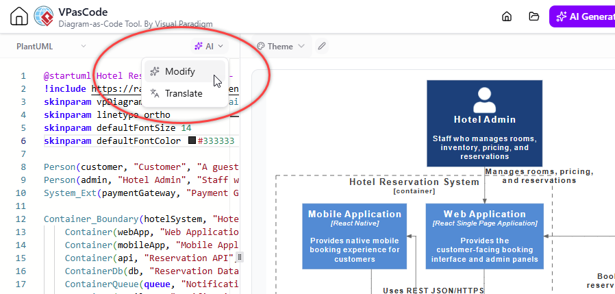 To modify a C4 Container Diagram (PlantUML code) with AI, using VPasCode