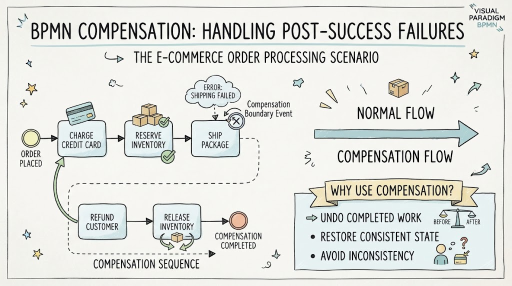 Diagrama de flujo de compensación BPMN que muestra la reversión de un pedido de comercio electrónico tras un fallo en el envío para restaurar un estado coherente.