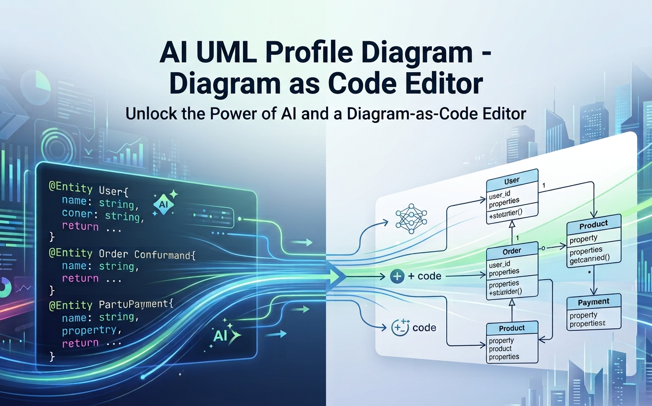 Infographic showing the AI UML Diagram-as-Code Editor, automatically generating a detailed UML diagram from input entity code with glowing connections.
